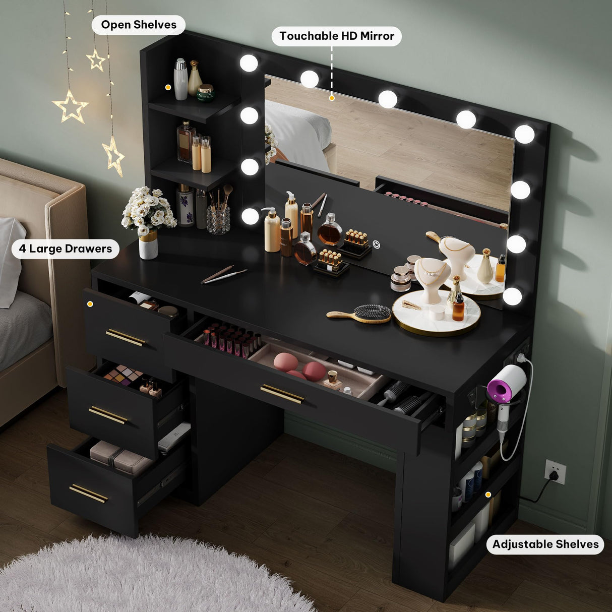 DWVO Vanity Desk with Mirror, Large Makeup Table with Power Outlets, 11 LED Bulbs, 3 Adjustable Light Modes, 4 Drawers and Built-in Shelves, Hollywood Dressing Vanity Desk Set for Bedroom, Black DWVO