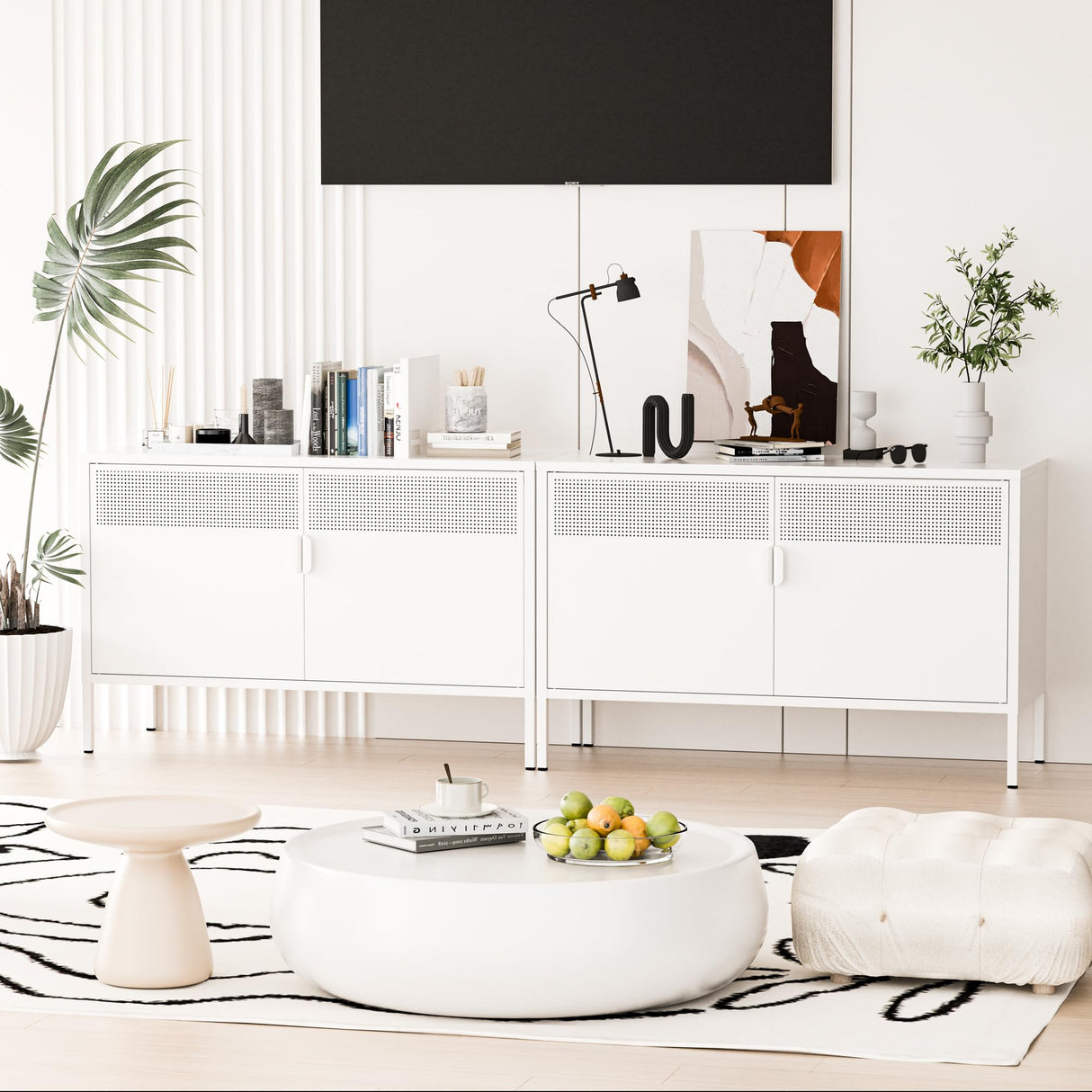 2 Door Storage Sideboard, Metal Storage Cabinet with 2 Adjustable Shelf,Multipurpose Metal Accent Cabinet for Office Home,Music Studio (White, 25''H) Washsemba