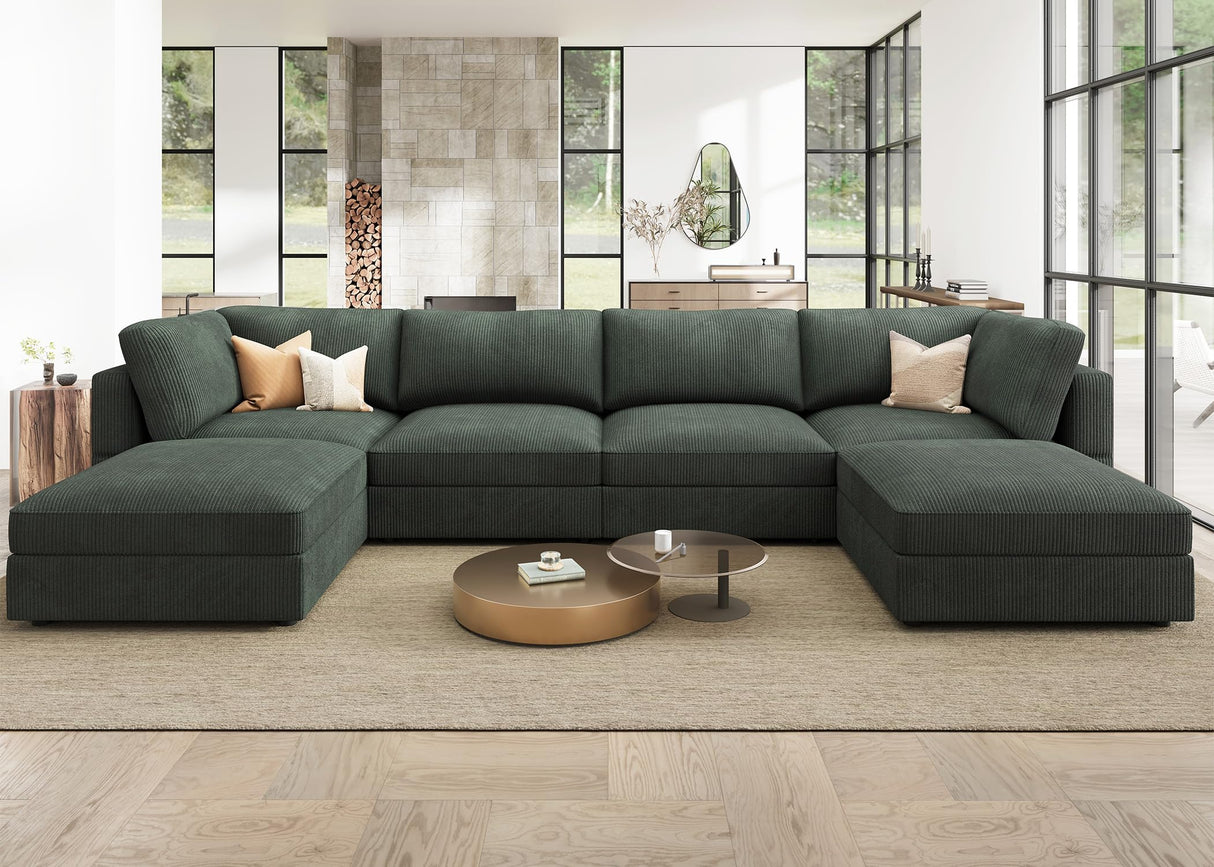 HONBAY Modular Sectional Couch with Storage Corduroy Sectional Sofa with Chaise U Shaped Sectional Couches for Living Room,Green HONBAY