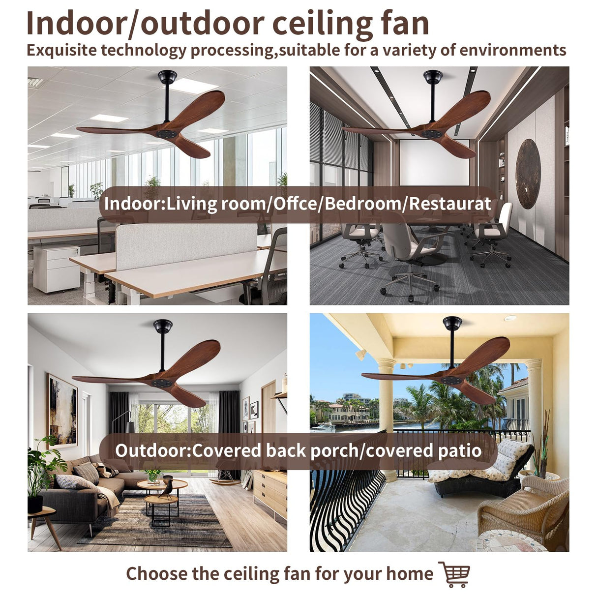 Solid Wood Ceiling Fan Without Light, 52 inch Walnut Ceiling Fan with 3 Wood Blades 6 Speeds Smart Timing Reversible DC Motor, Modern Ceiling Fan for Indoor Outdoor Farmhouse/Patios - Dark Walnut… Zronon