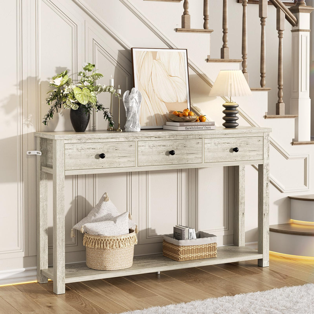 Homieasy Farmhouse Console Table with 3 Drawers, 47 Inch Wood Sofa Table with Storage Shelf for Living Room, Behind Couch, Entryway Table for Hallway, Living Room, or Foyer, Light Rustic Oak Homieasy