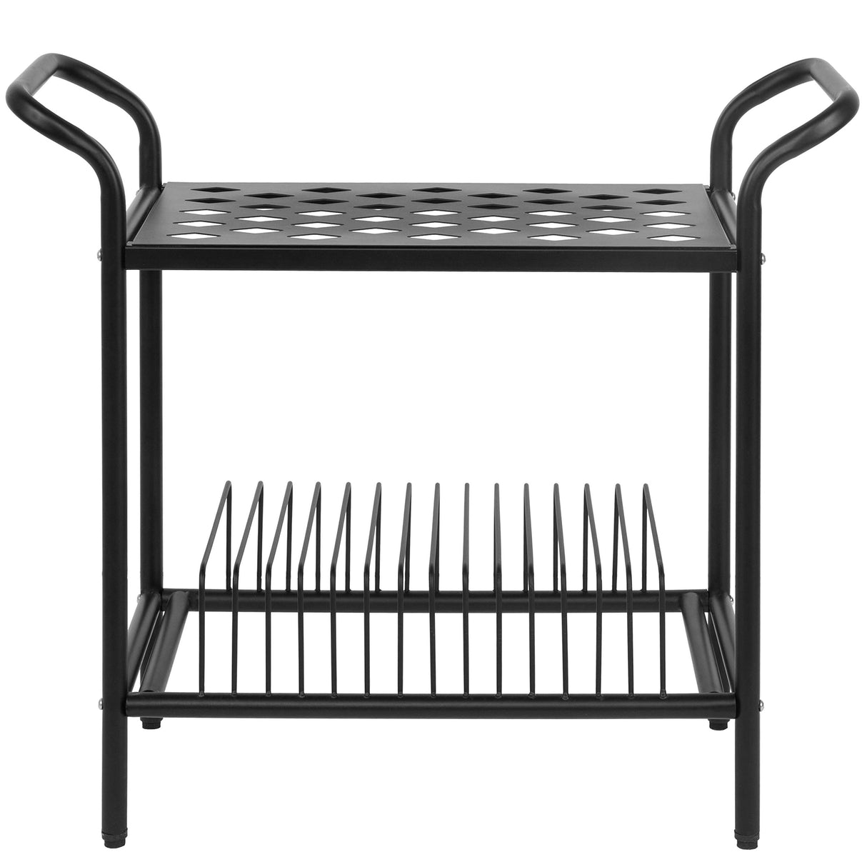 MyGift Modern Matte Black Metal Record Player Holder Stand with Vinyl Storage Organizer, Premium Quality 2 Tier Turntable Display Table Rack MyGift