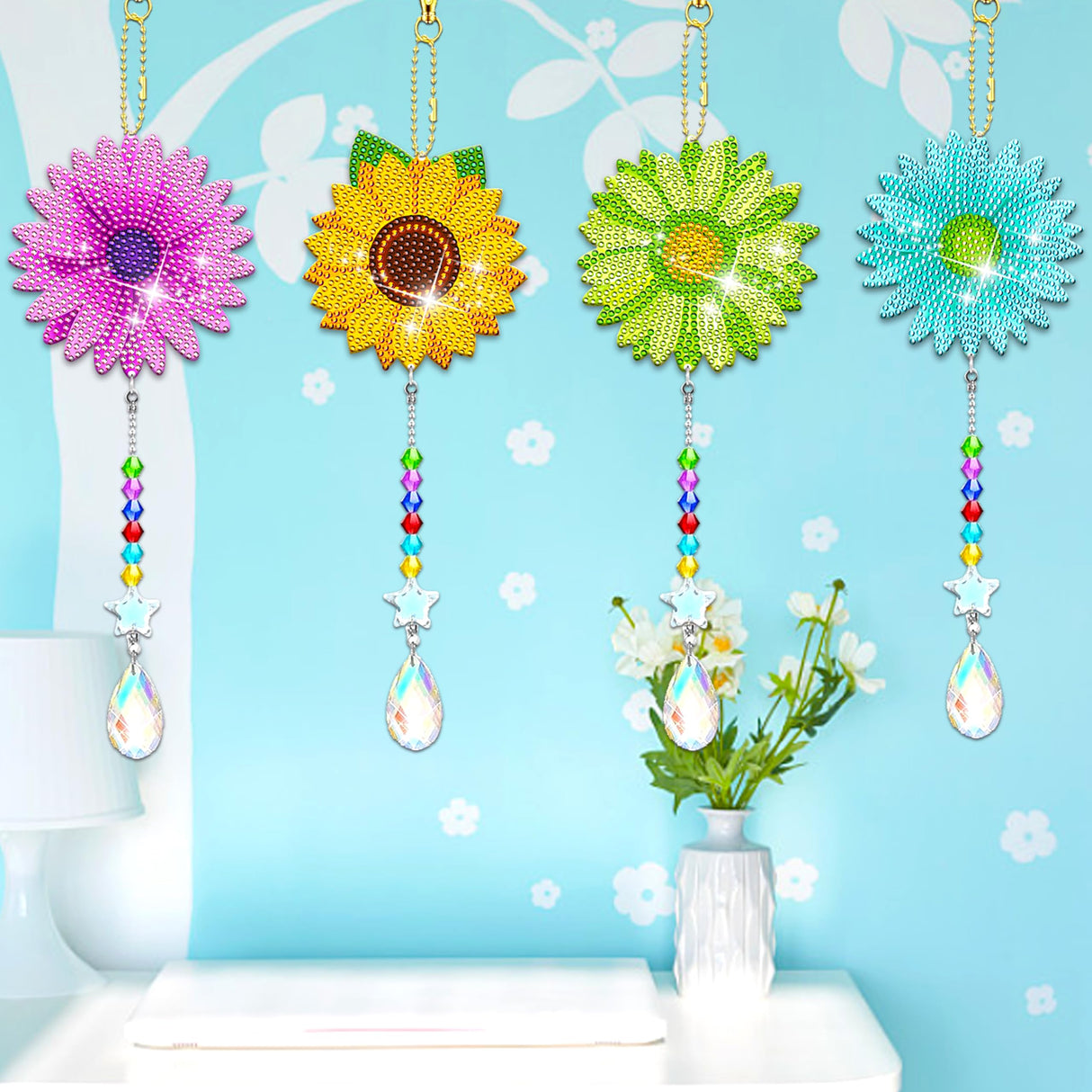 JeCuiK 6 Pcs Daisy Diamonds Painting Wind Chimes Suncatcher Double Sided Flower Rhinestone Painting Wind Chime 5D DIY Crystal Diamond Painting Kits Paint by Number Hanging Ornaments Mom Gifts JeCuiK