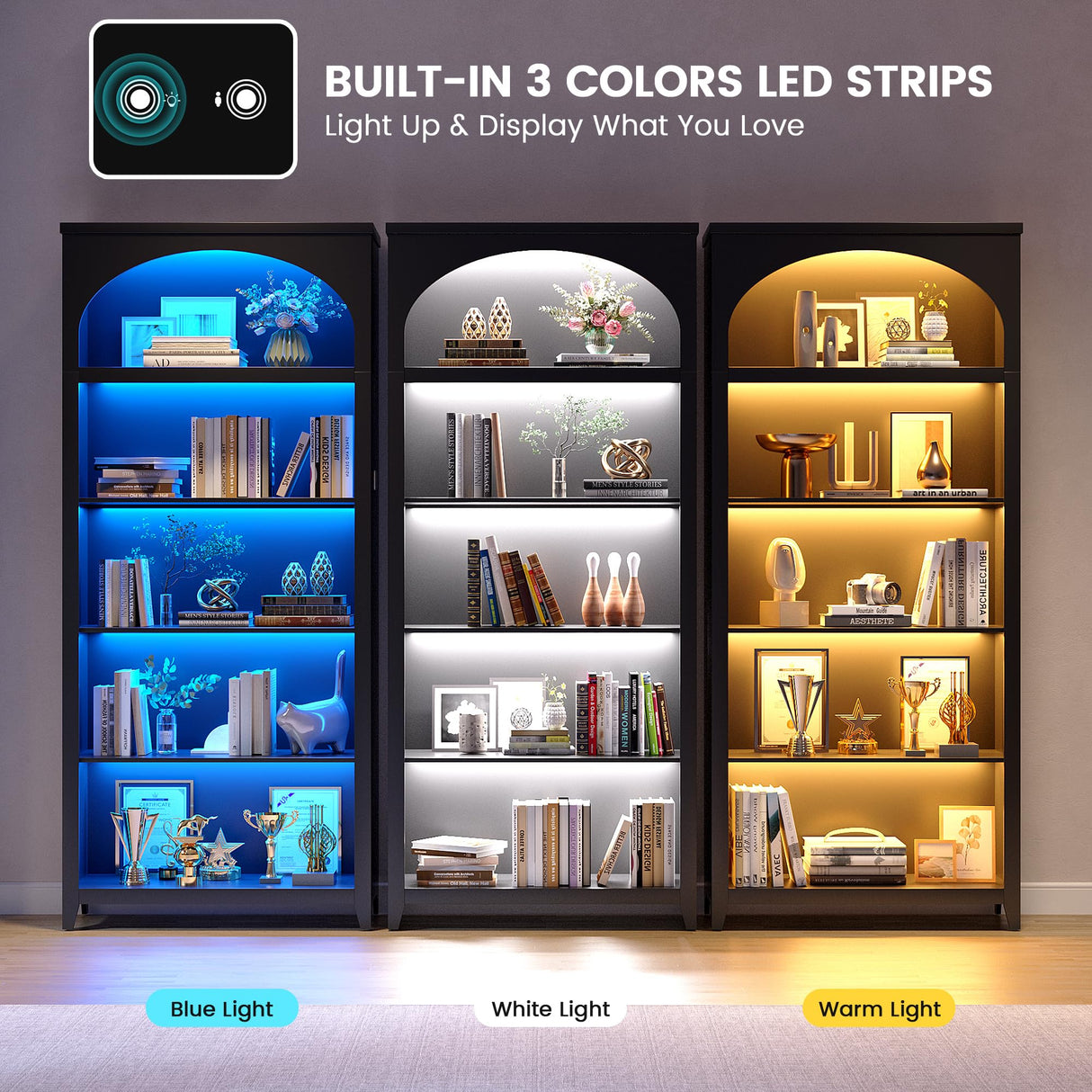 jajov 2pc Bookshelf with LED Light, 70“ Tall Bookshelves and Bookcases Floor Standing, 5 Tier Book Shelf Wooden Bookcase Multipurpose Bookshelf for Home Office, Living Room -Black jajov