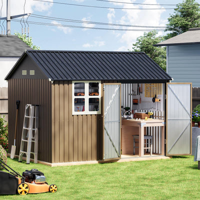Grovellis Update 8x10 FT Outdoor Metal Storage Shed, Single Door, 1 Clear Window, Tool Shed for Garden, Patio, Backyard Brown