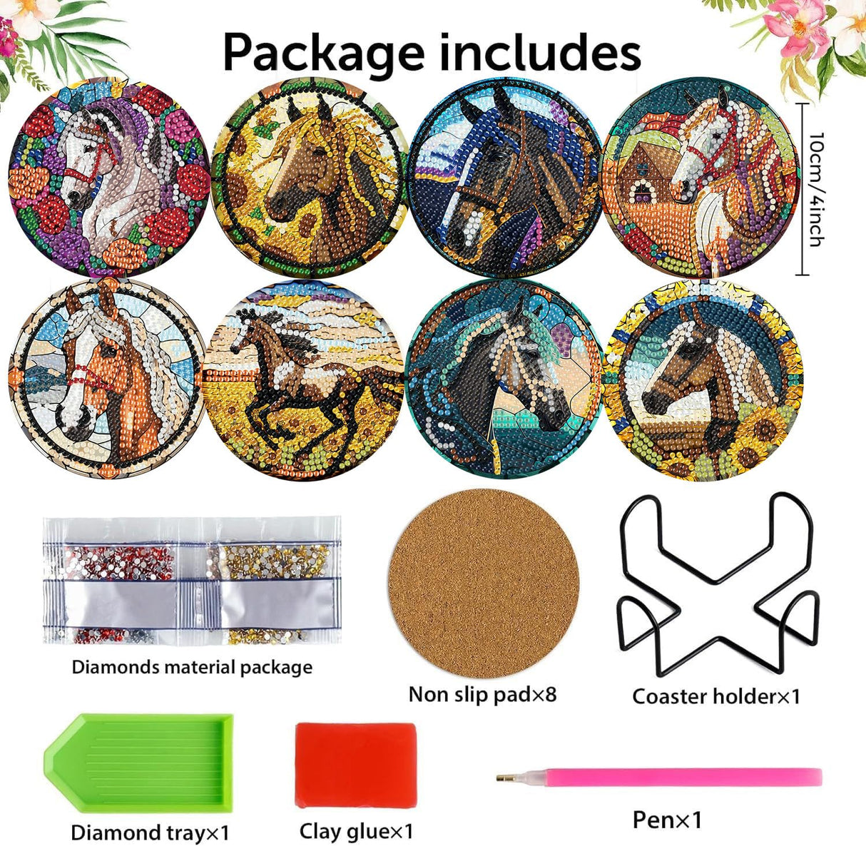 Zythron 8 PCS Diamond Art Coasters Horse Diamond Painting Coasters Kits Horse with Holder Cork Pads DIY for Beginners, Adults, Diamonds Art Crafts Supplies 4x4 in Zythron