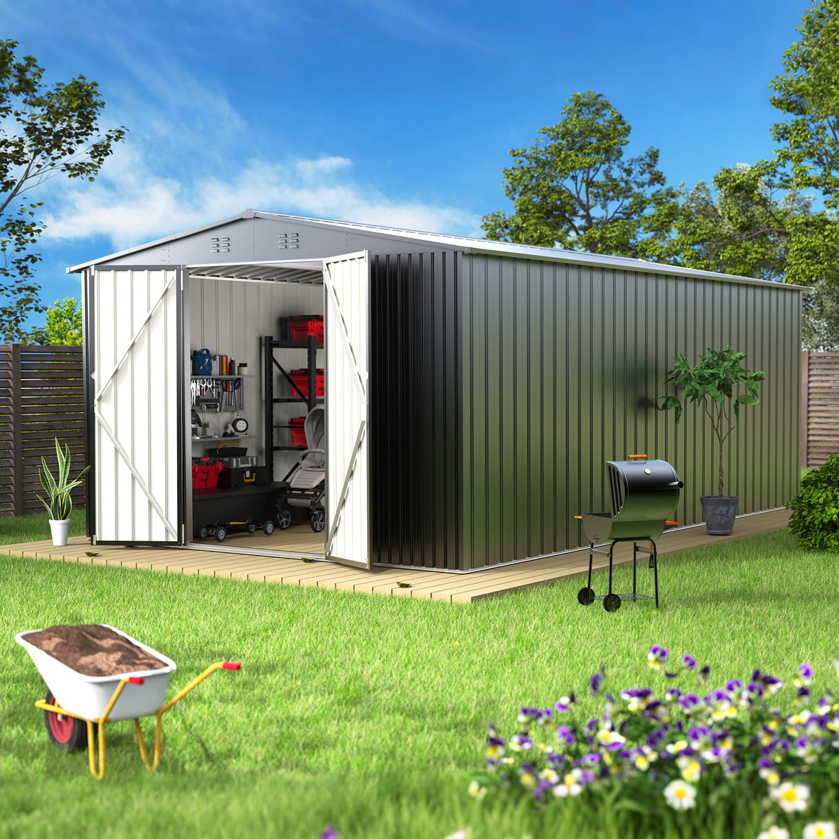 EASYHAWK 10 x 14 FT Outdoor Storage Shed, Metal Waterproof Storage Shed Steel Utility Garden Tool Shed with Door & Lock Outdoor Storage,All-Weather Shelter for Bike, Gardening Tools, Lawn Mowers EASYHAWK