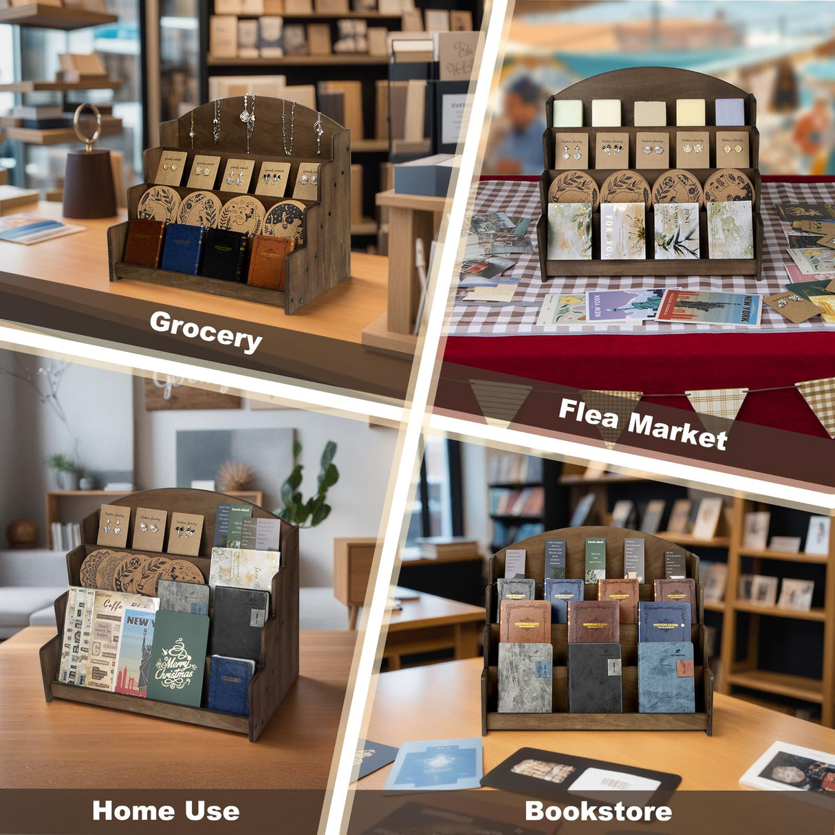 PUERSI Greeting Card Display Stand Holder - 4-Tier Wooden Organizer Rack for Retail Stores, Postcards, Stickers & Stationery Vendors Brown PUERSI