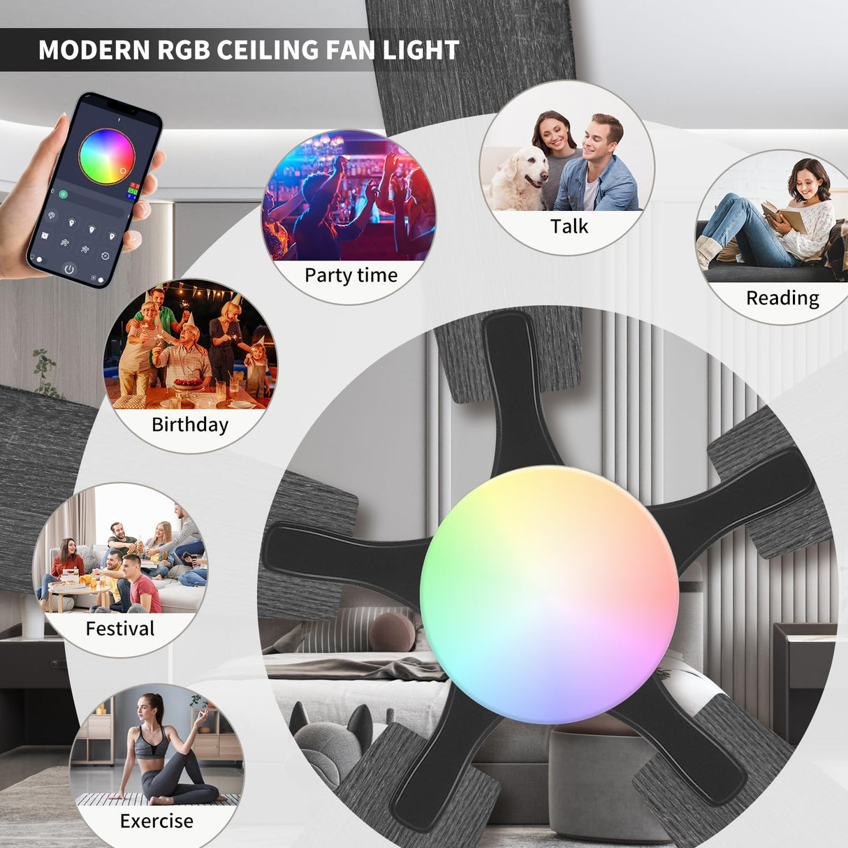 FUMLTP 54inch Ceiling fans with Lights, Low Profile RGB Ceiling fan with Light and Remote/App Control, Dimmable, DC Reversible Motor, Noiseless, 6 Speeds, Black Ceiling Fan For Bedroom Indoor Outdoor FUMLTP
