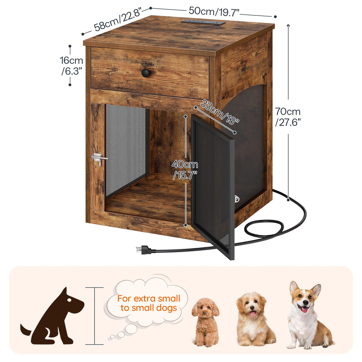 HOOBRO Dog Crate Furniture, Dog Kennel with Drawer and Charging Station, Indoor Decorative Puppy House, Wooden Pet Crate End Table for Small Dogs, Rustic Brown and Black BF58UGW03G1 HOOBRO