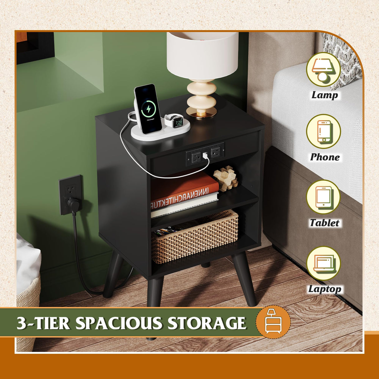 WLIVE Black Nightstand, Night Stand with Charger Station, Bedside Table, Side Table with Storage Shelf, End Table with USB Ports and Outlets for Bedroom, 15.12" D x 11.73" W x 23.74" H WLIVE