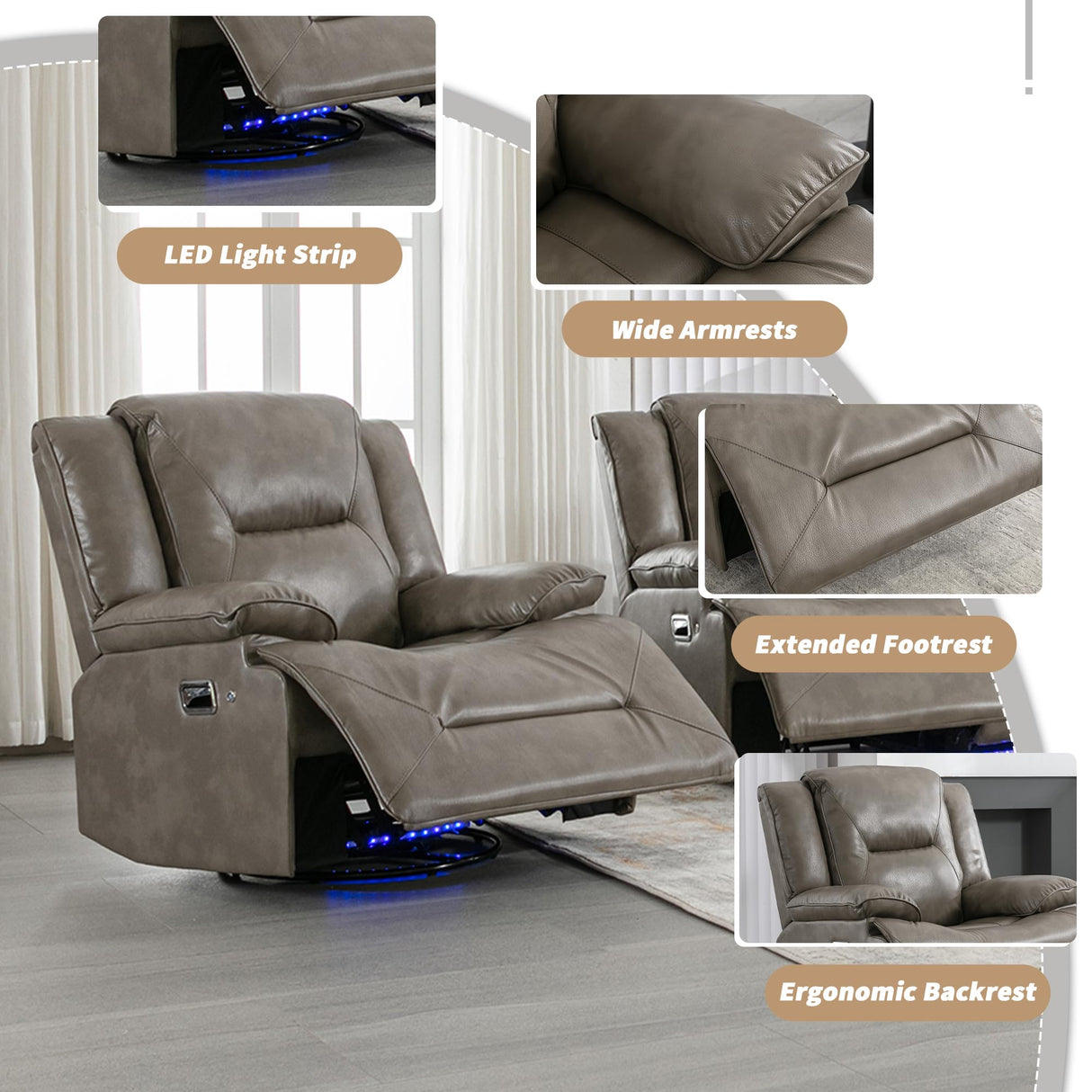 ERYE Home Theater and Living Room Recliner Sofa Couch for 3, Manual Reclining Sofa&Couch with LED Light Strip, 2 Cup Holders and DropDown Table for Home,Apartment,House ERYE