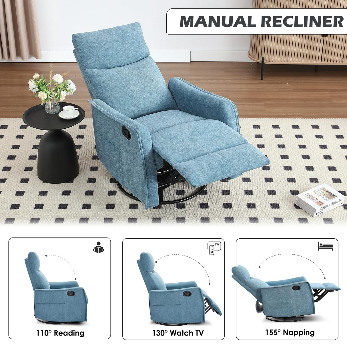 Trustyue Swivel Rocker Recliner Chair, 360° Swivel Recliner with Heat and Massage, Rocker Recliner Nursery Glider Chair with Side Pockets for Living Room (Light Blue, Fabric) Trustyue