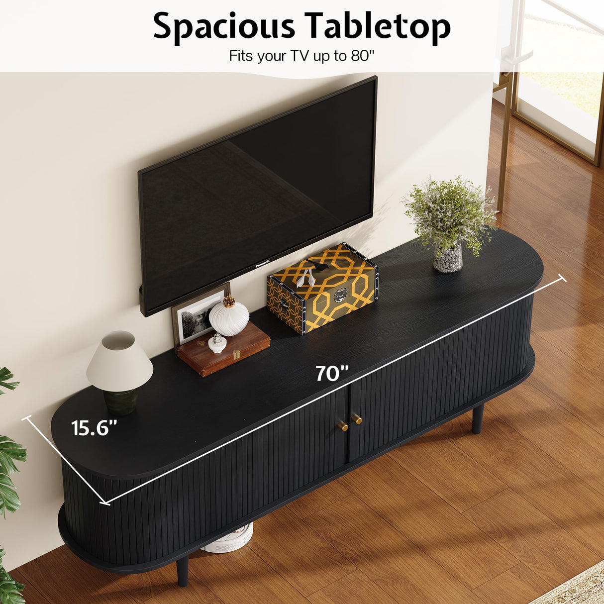 LUXOAK 70" Mid-Century Modern TV Stand with Tambour Door, TV Console with Solid Wood Legs for TVs up to 80", Fluted Entertainment Center with Storage for Living Room, Black LUXOAK