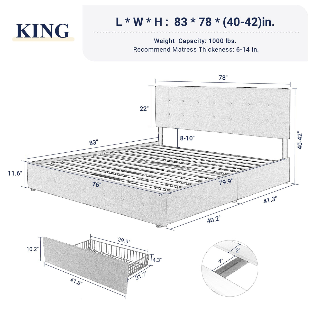 Allewie Upholstered King Size Platform Bed Frame with 4 Storage Drawers and Headboard, Square Stitched Button Tufted, Mattress Foundation with Wooden Slats Support, No Box Spring Needed, Light Grey Allewie