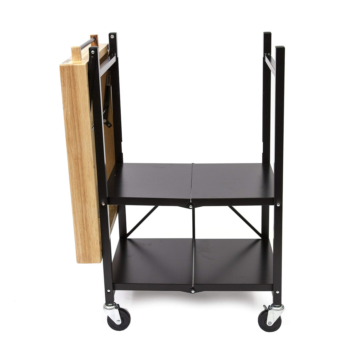 Origami Foldable Wheeled Portable Steel Frame and Solid Wood Top Kitchen Island Bar Cart with Open Shelving and Built In Towel Rack, Black Origami