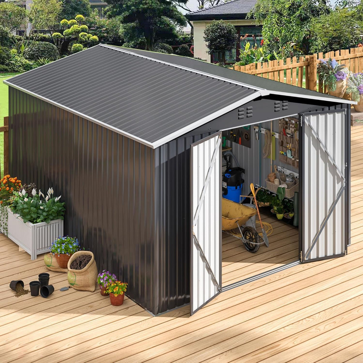 Polar Aurora 10 x 14 FT Outdoor Storage Shed, Metal Garden Shed with with Updated Frame Structure, Tool Sheds for Backyard Garden Patio Lawn, Black Polar Aurora