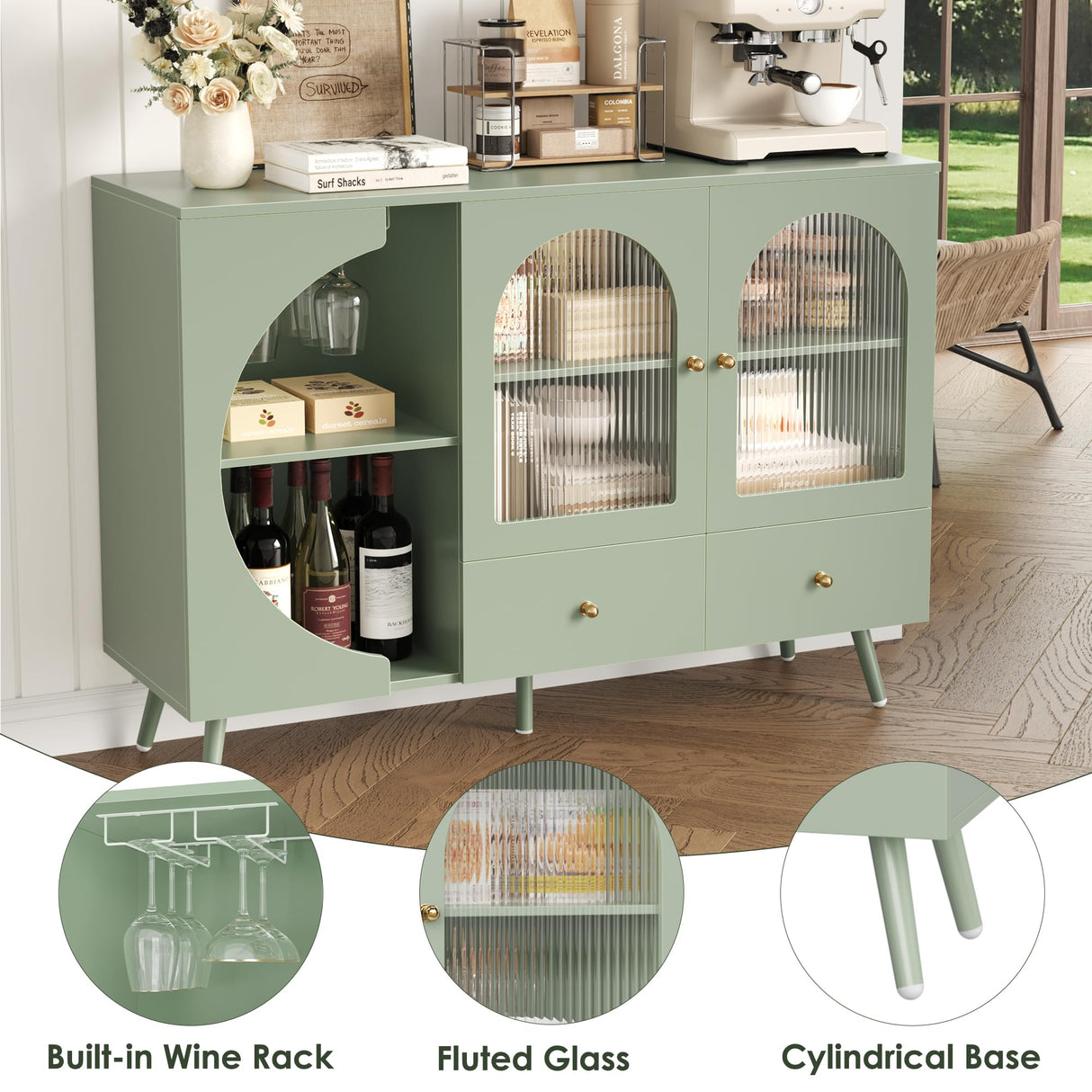 FACBOTALL Coffee Bar Cabinet, Buffet Sideboard Cabinet with 2 Drawers and Fluted Glass Door, Wine Bar Cabinet for Kitchen, Dining Room, Living Room, Modern Kitchen Storage Cabinet Green FACBOTALL