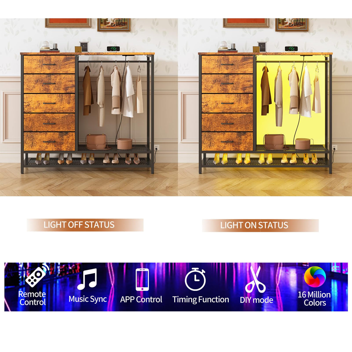 Dresser for Bedroom, Dresser with Hanging Rack Led Lights and Charging Station, Bedroom Dresser with 5 Fabric Chest of Drawers with PU Finish Storage Organizer, for Living Room Kids Room Closet, Brown SOOWERY