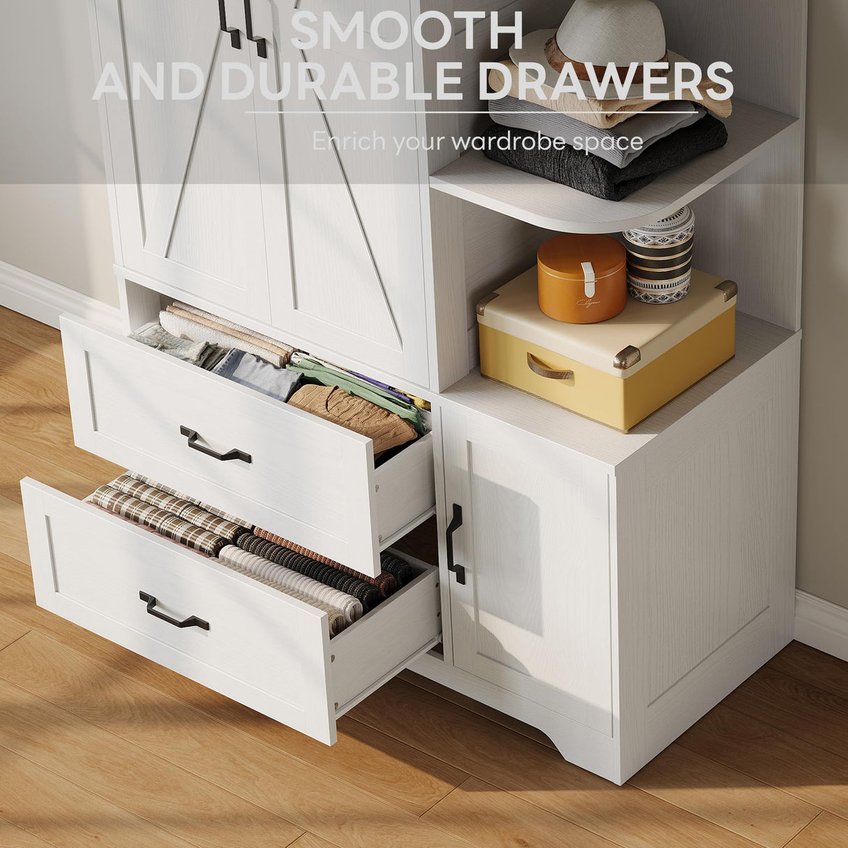 LIKIMIO Armoire Wardrobe Closet 70" H, Bedroom Wooden Wardrobe with 3 Doors 2 Drawers, Modern Clothing Storage Cabinet Combination with Storage Shelves and Hanging Rail, White LIKIMIO