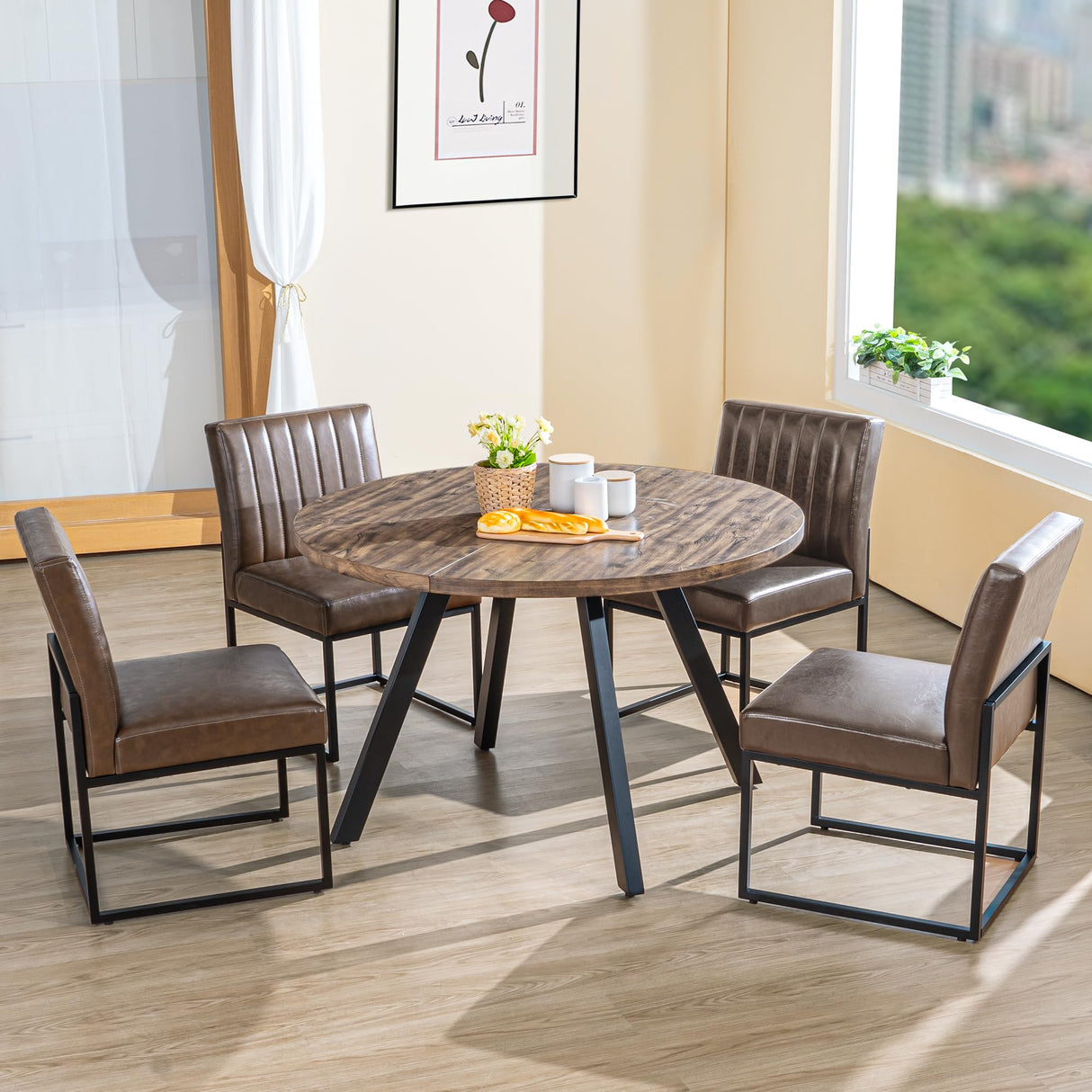 SIMTONAL Round Wood Dining Table for 4-6, 47" Mid Century Modern Kitchen Table (Only Table), Brown SIMTONAL