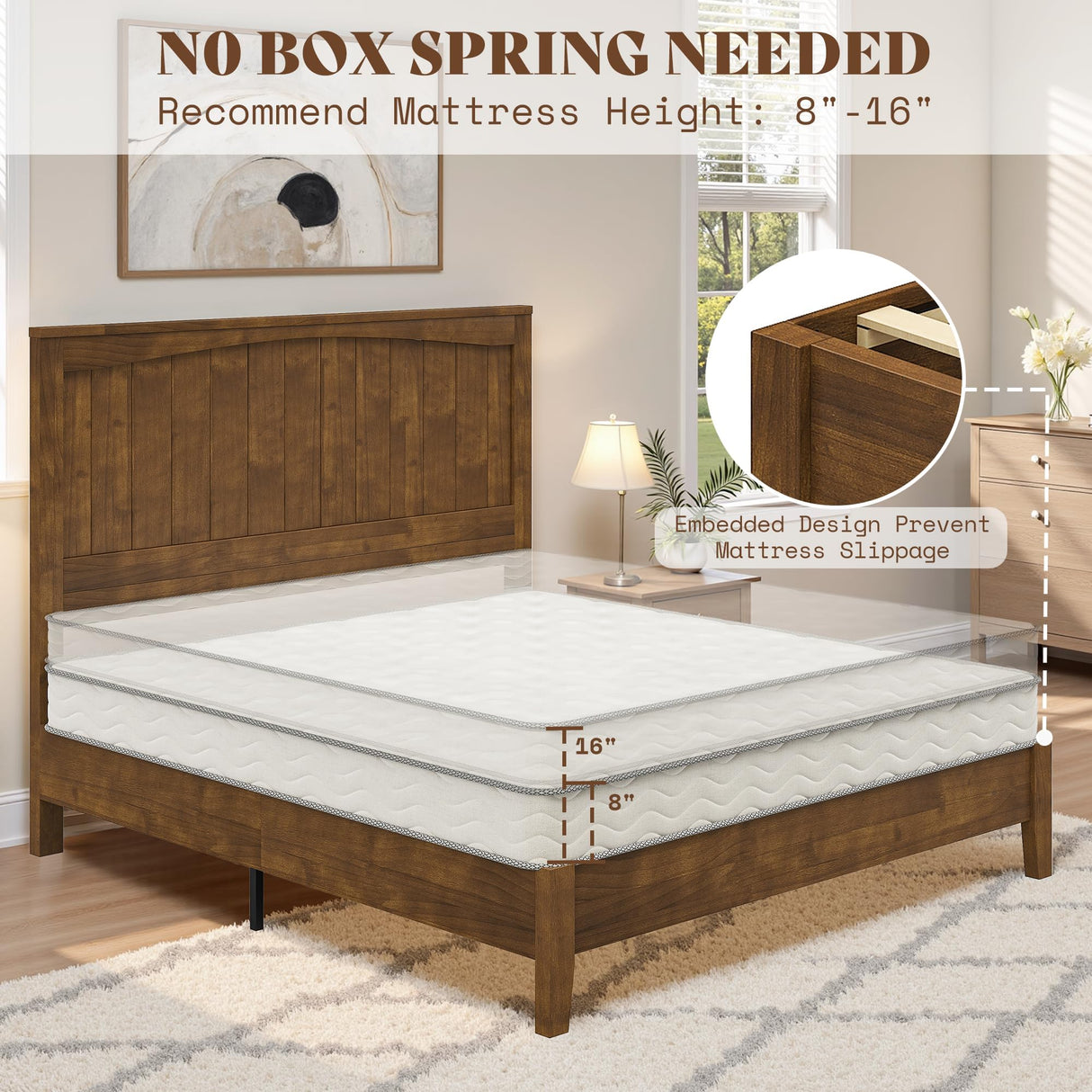 AMERLIFE Solid Wood Bed Frame with 48" Headboard, Mid-Century Modern Platform Bed with Durable Wooden Slats, No Box Spring Needed, Easy Assembly, Quiet, Full Size, Chestnut Finish AMERLIFE