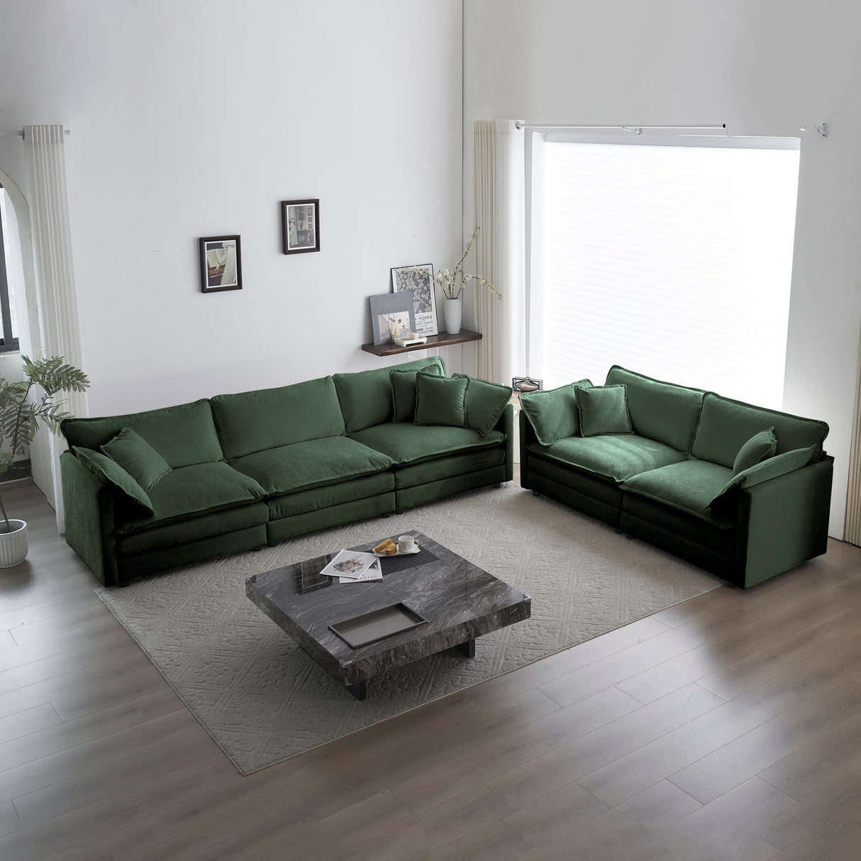 Tmsan 2 Piece Living Room Furniture Set, Green Chenille Deep Seat Loveseat and Sofa Set, Modern Luxury Sectional Cloud Couches for Apartment Office Tmsan