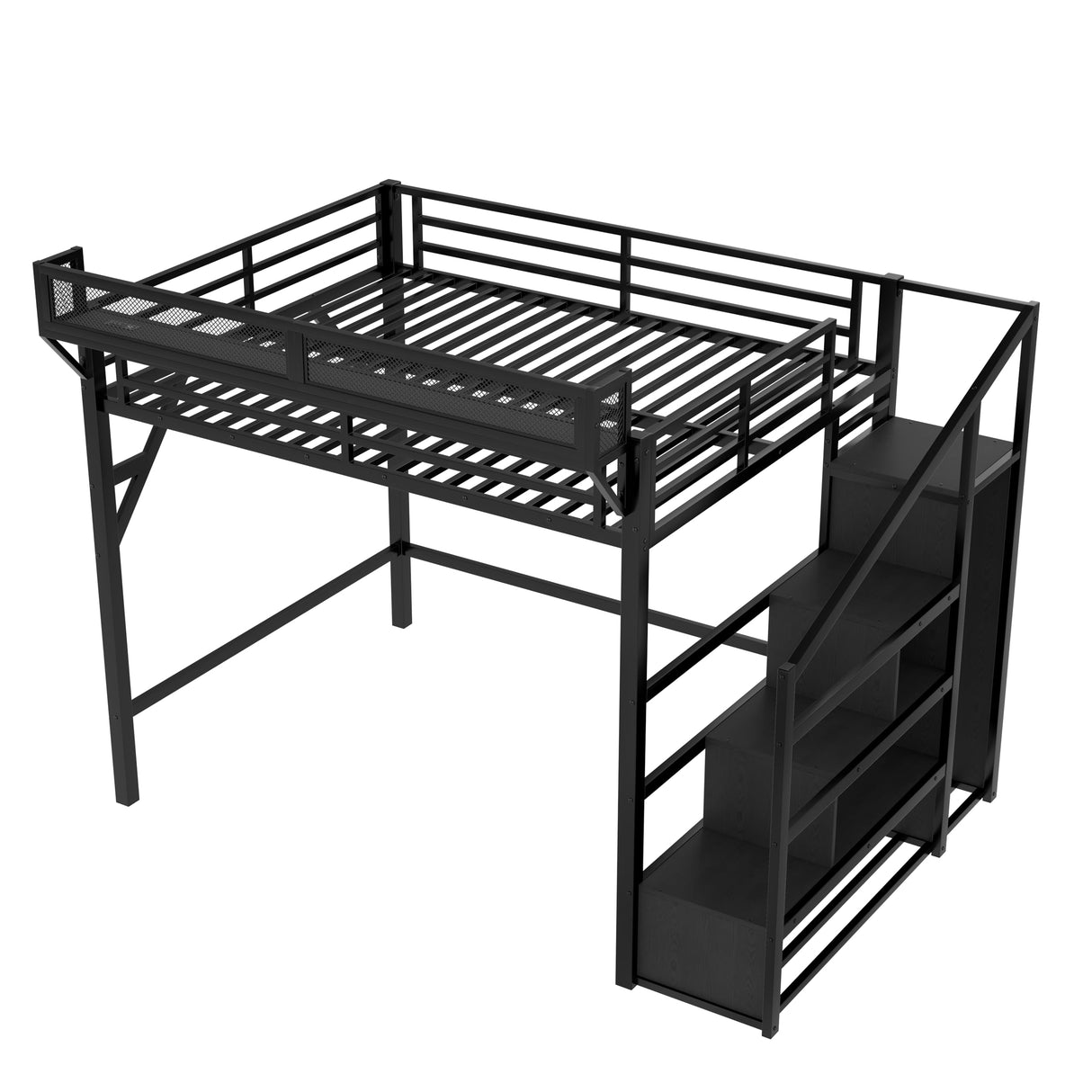 Metal Queen Size Loft Bed with Stairs and Wardrobe,Heavy Duty Loft Bed Frame with LED Lights and Charging Station for for Kids, Teens, Adults,Black Woodgrain Bellemave
