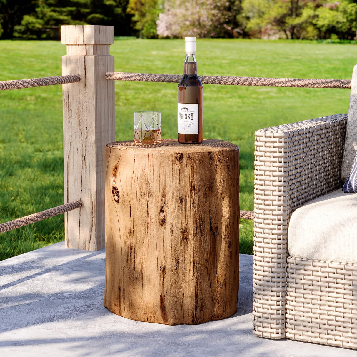 HOMPUS Concrete Outdoor Side TableSet of 2, 2 Piece Tree Stump Modern Round Coffee Table Accent Table Set Plant Stand Faux Wood End Table Garden Stool for Patio,Home Decor, Living Room, Oak HOMPUS