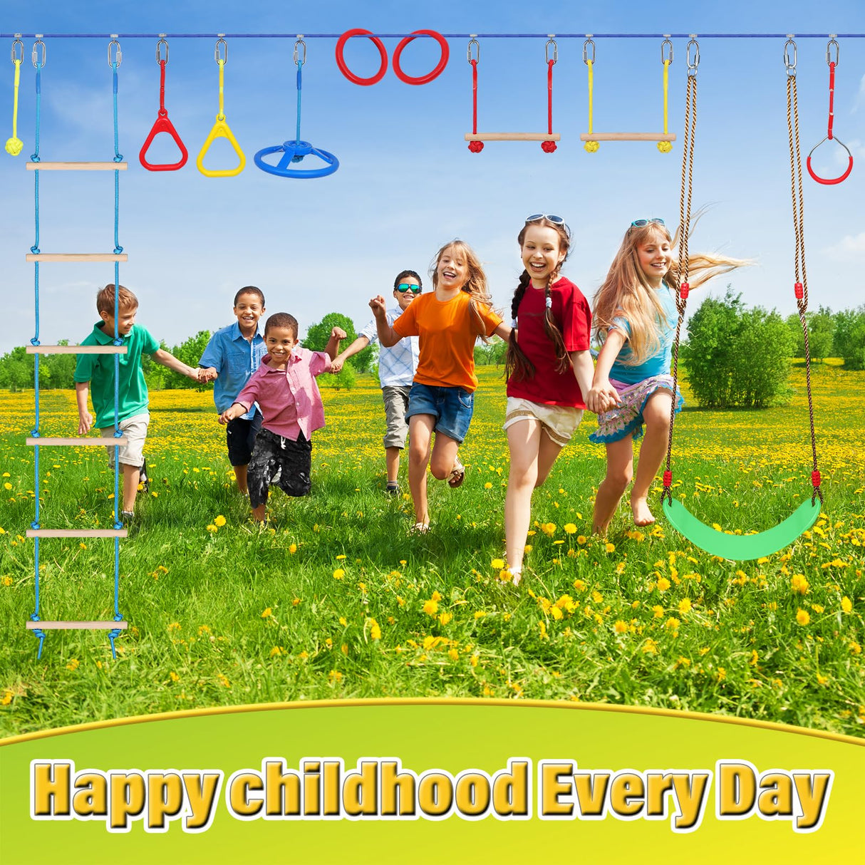 Ninja Warrior Kids Obstacle Course - 55 FT Durable Slackline with 8 Obstacles - Fun and Challenging Outdoor Course for Active Kids 3+ Years Old FAHKNS