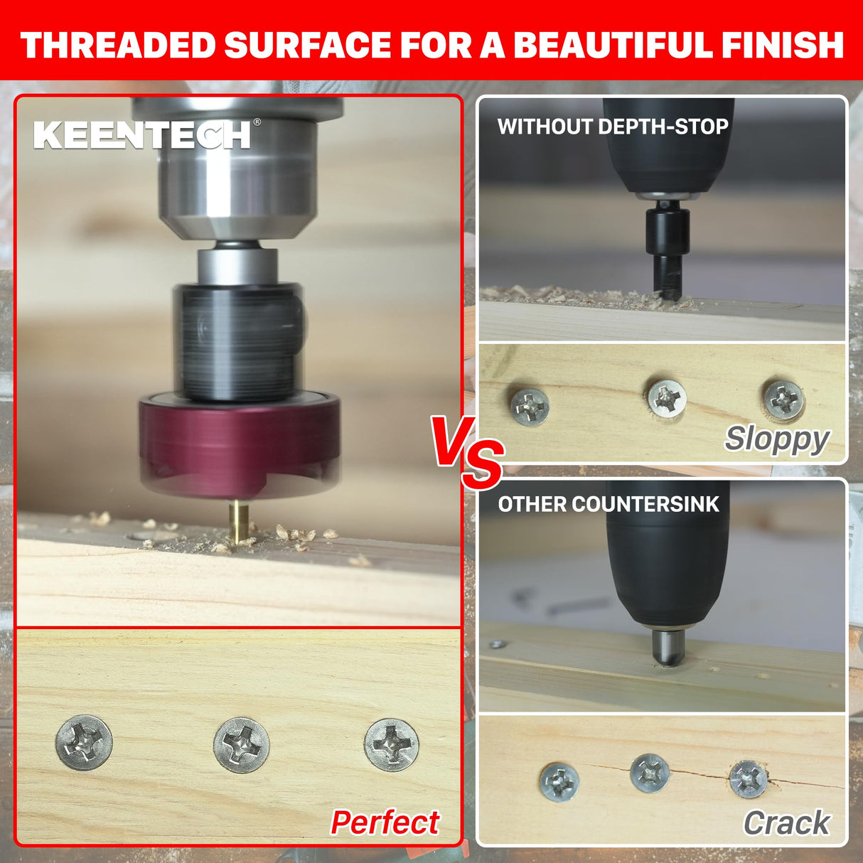 KEENTECH Carbide Tipped 82° Countersink Drill Bit with Depth Stop, 3/8" Dia x 1/8" Drill Diameter x 1/4" Shank, Adjustable Depth Stop with Ball Bearing for High Fine Finish on Softwood and Hardwood KEENTECH