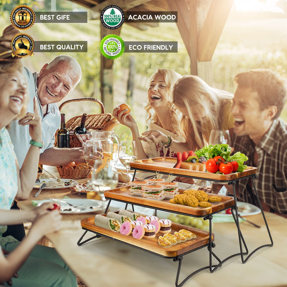 3 Tier Cupcake Stand and Towers Serving Tray for Party, Acacia Wooden Dessert Table Display Set, Decorative Tiered Tray Decor Small Chees Charcuterie Boards Rustic Wood Serving Platters and Trays Manspdier