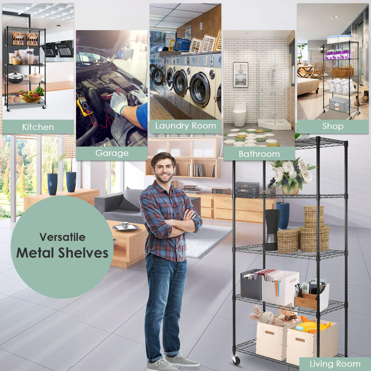 WDT 5 Tier Shelf Shelving Unit with Wheels,Adjustable Metal Shelves for Storage, NSF Certified Wire Shelving Rack,1750Lbs Capacity Heavy Duty WDT