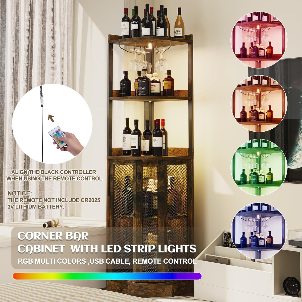 EOYUTLLY Corner Bar Cabinet With Power Outlet and LED Strip, 65" H 5-Tier Liquor Wine Display for Home, Storage Solution for Living Room, Kitchen, Home Bar, Brown EOYUTLLY