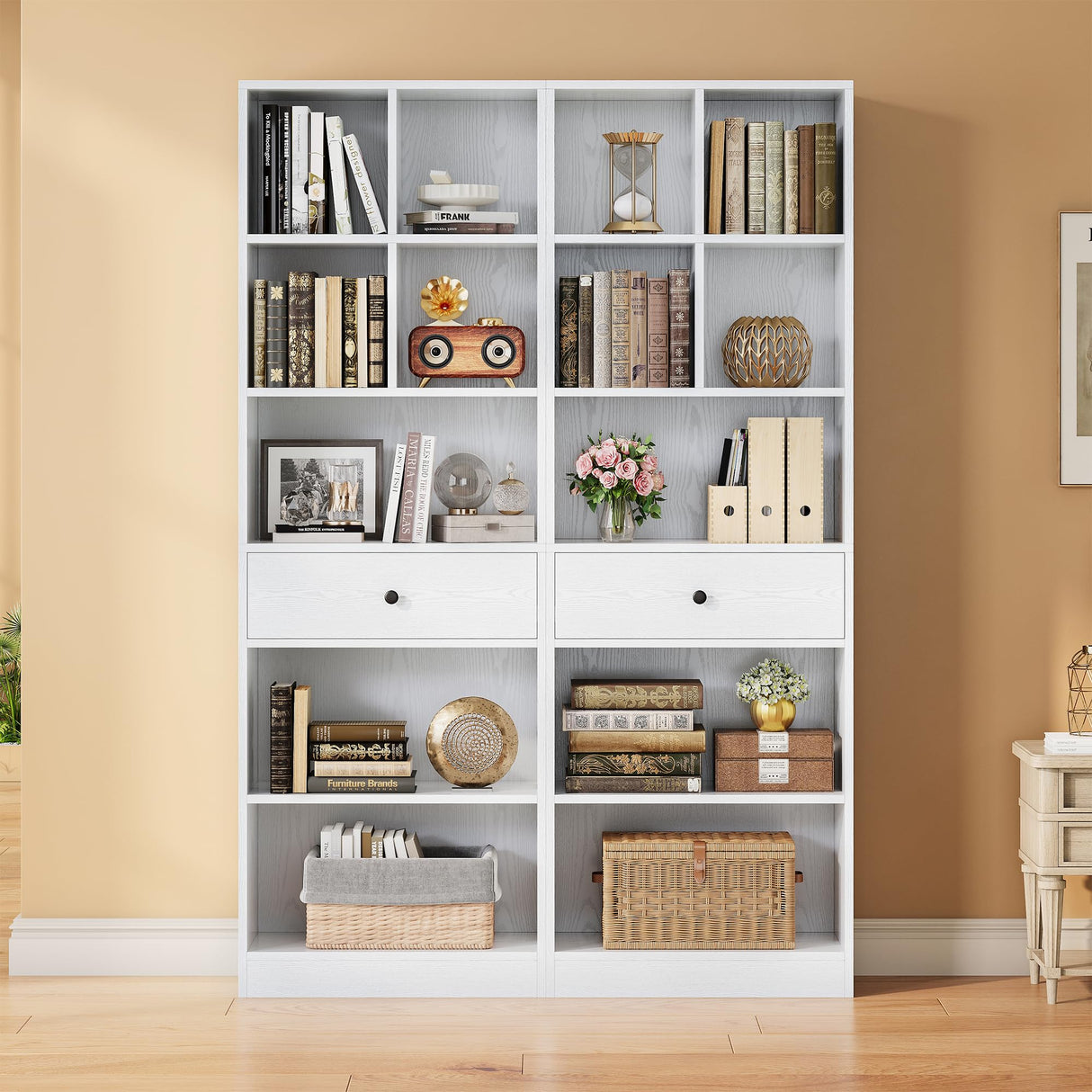 IRONCK Bookcase and Bookshelves, 70" Tall Bookshelf Floor Standing 6 Tiers Display Storage Shelves, Book Shelf with Drawers for Home Office, Living Room, Bedroom, Library, White IRONCK