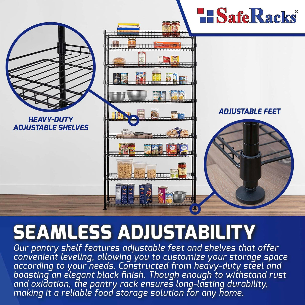 SafeRacks 10-Tier Pantry Shelf, Metal Wire Shelving Unit with Adjustable Shelves & Feet, Anti-Tip Kit, NSF Certified Steel Storage Rack for Kitchen or Garage Black 14" D×36" W×68" H SafeRacks