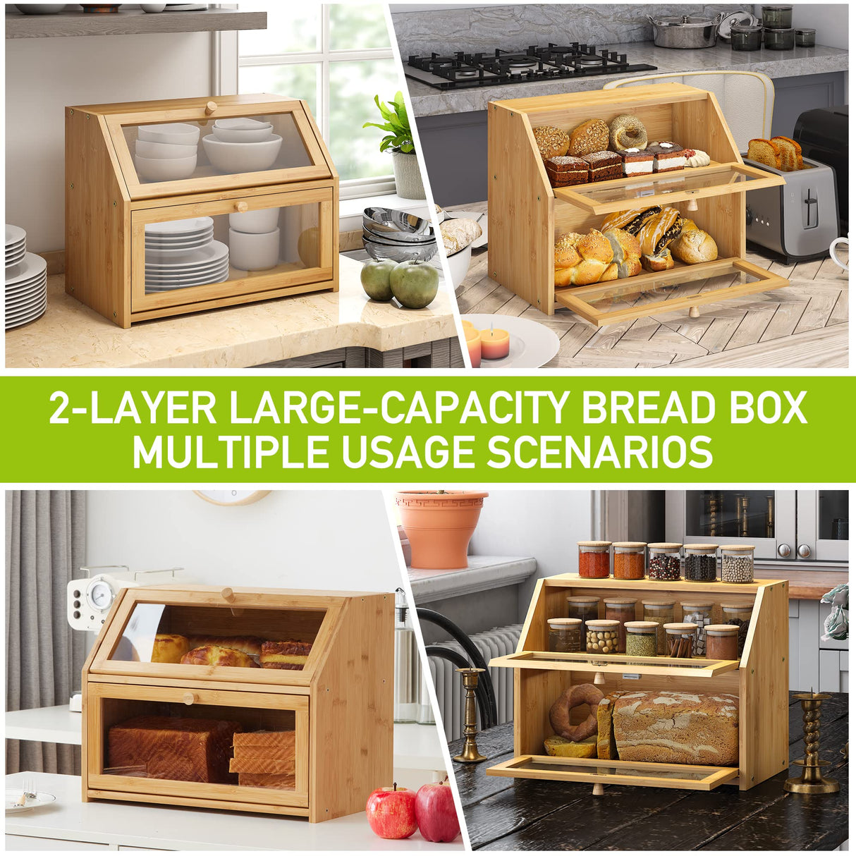 Farmhouse Bread Box for Kitchen Countertop Bread box Double Layer Bamboo Wooden Extra Large Capacity Bin Kitchen Food Storage Container(White) BMOSU