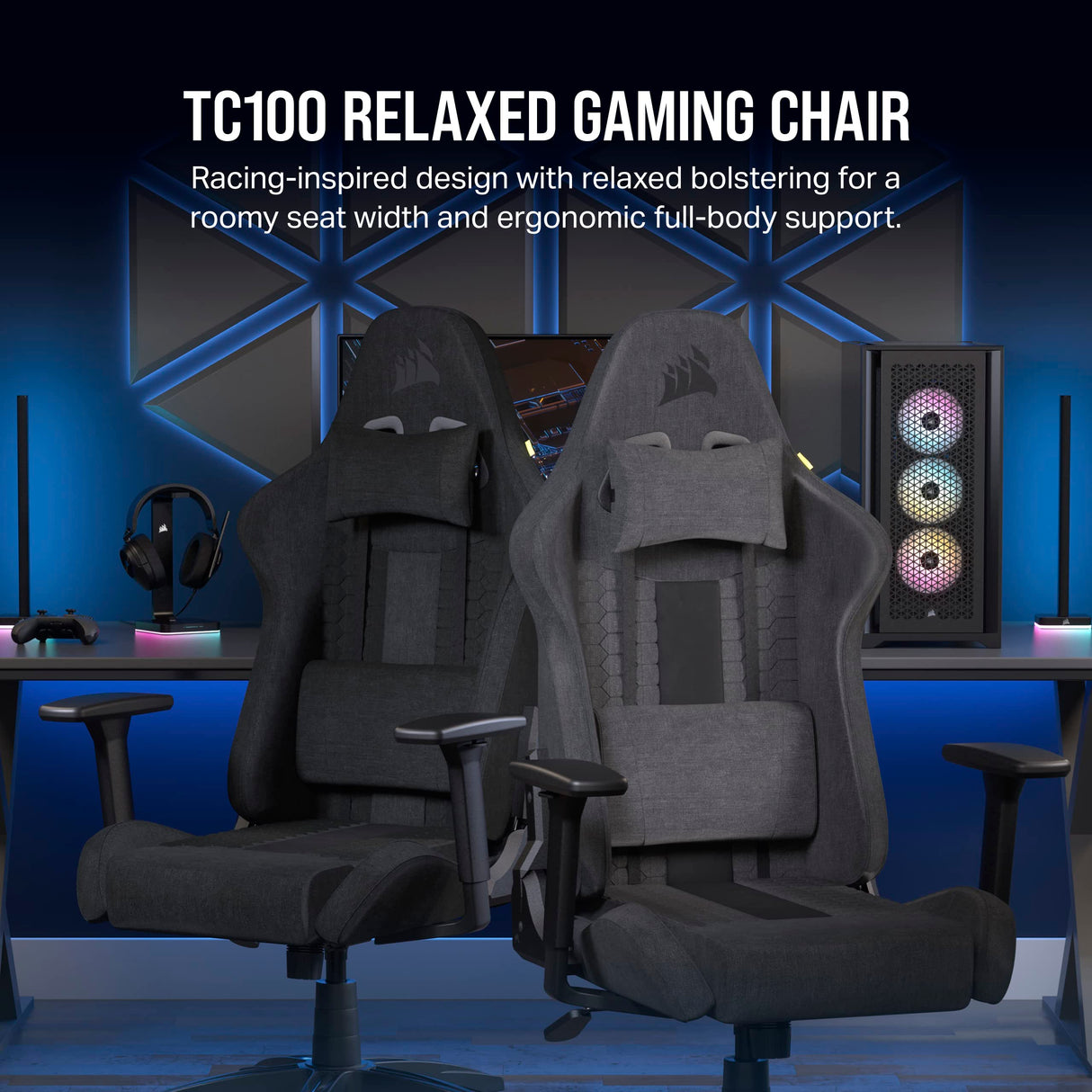 Corsair TC100 Relaxed Gaming Chair - Fabric - Racing-Inspired Design - Lumbar Pillow - Detachable Memory Foam Neck Pillow - Adjustable Seat Height - Adjustable Armrests - Gray and Black Corsair
