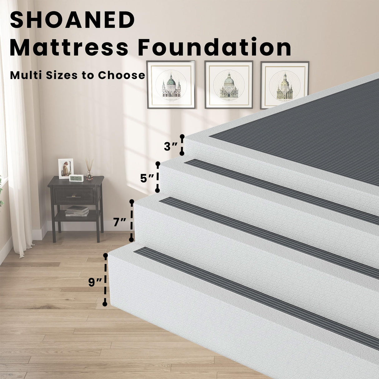 SHOANED Queen Size Box Springs - 3 Inch Low Profile Mattress Foundation No Noise Heavy Duty Metal Basics Bed Base with Clean Fabric Cover, Easy Assembly SHOANED