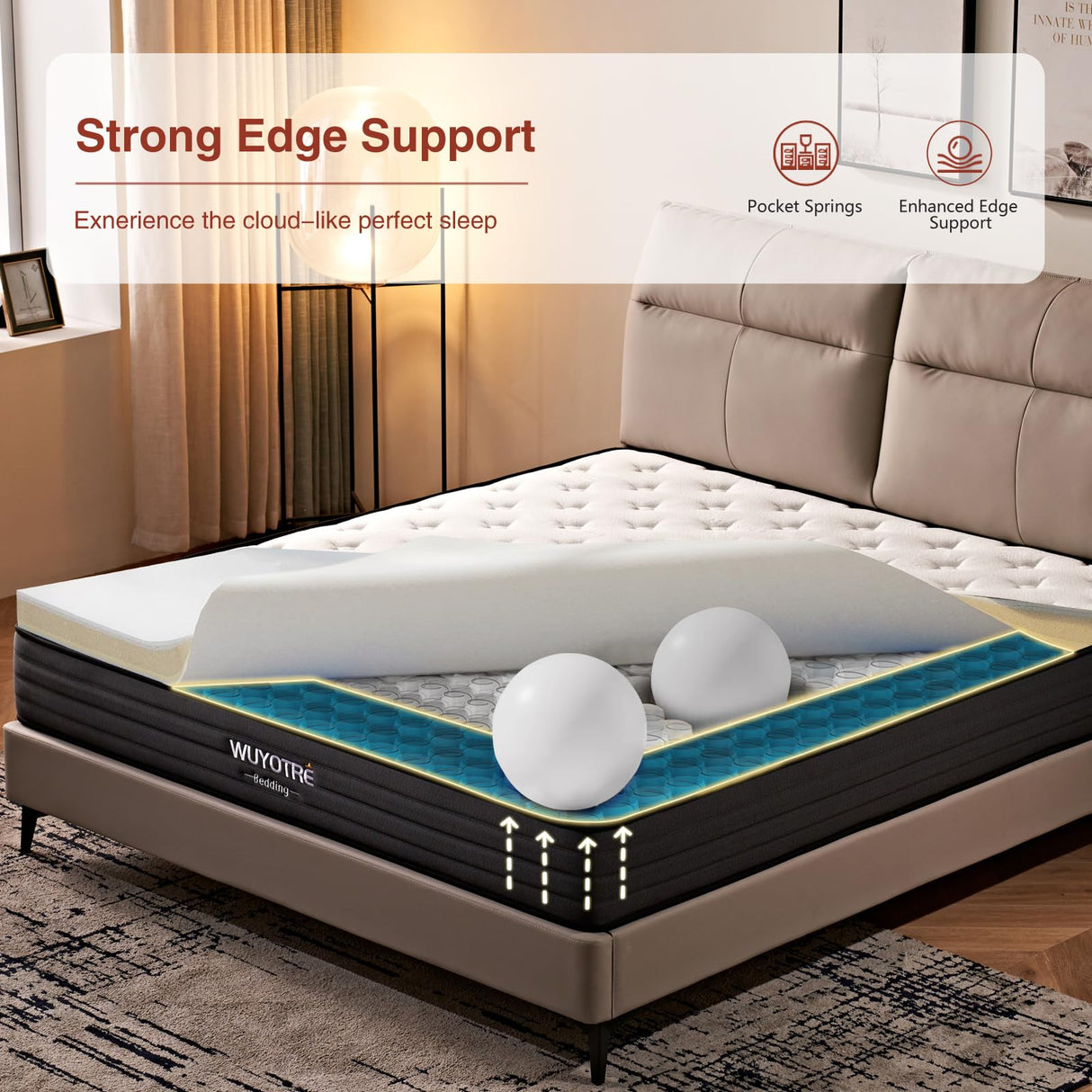 WUYOTRE King Mattress, 10 Inch King Size Hybrid Mattress in a Box,Cooling Memory Foam Bed Mattresses with Independent Spring,Soft and Breathable,Back Pain Relief,CertiPUR-US,Medium WUYOTRE