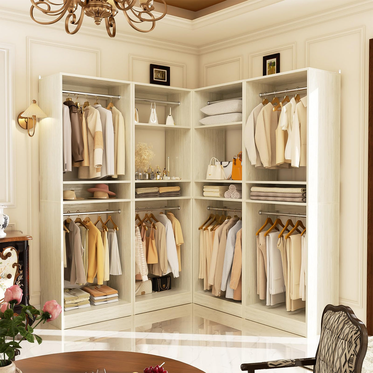 Unikito 100” Closet System, 8.3FT Wood Closet Storage Organizer with 8 Hanging Rods, Adjustable Large Walk in Wardrobe Closet Tower, Sturdy Clothes Garment Rack, Easy Assembly, Set of 4, White Oak Unikito