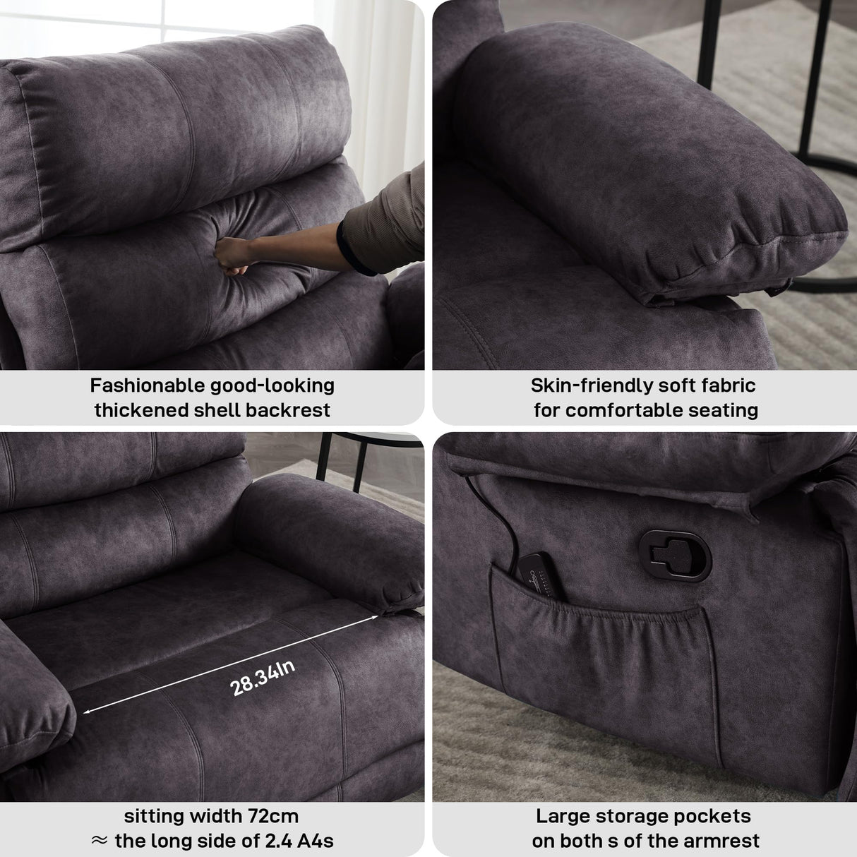 Oversized Recliner Chair Extra Wide Large Recliner for Adults 350lbs with Lumbar Support Pillow Nursery Chair Living Room (Manual, GREY-6002) HOMYEDAMIC