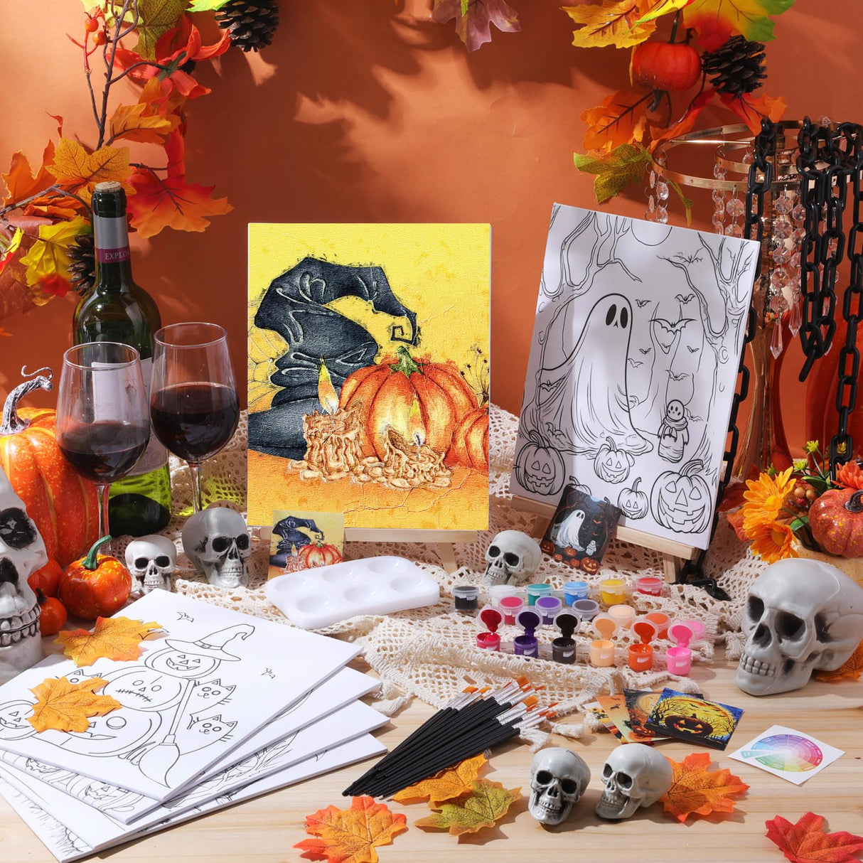 Dinifee 6 Pack Pre Drawn Canvas for Painting Pre Printed Canvas Kit 8 x 10 Inch Stretched Cotton Paint and Sip Set for Adults Couple Party Date Night(Halloween) Dinifee