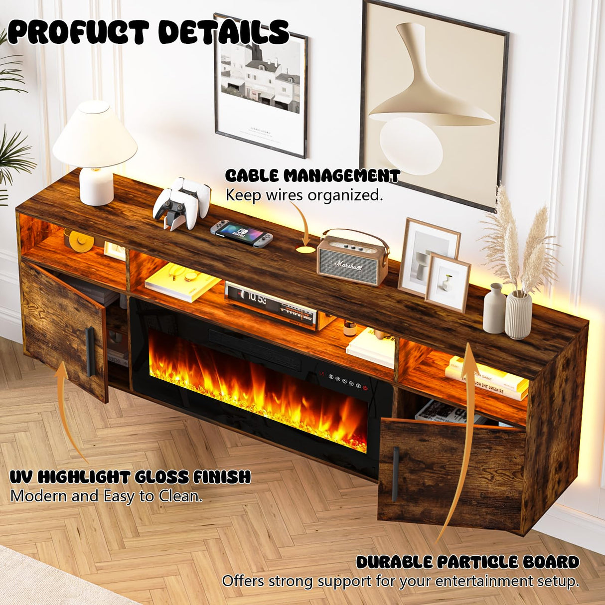 LEMBERI Floating Fireplace TV Stand 70'' Wall Mounted Shelf, LED Light Entertainment Center and Storage, Modern Wood Media TV Console with Highlight Cabinet for Living Room (Brown) LEMBERI