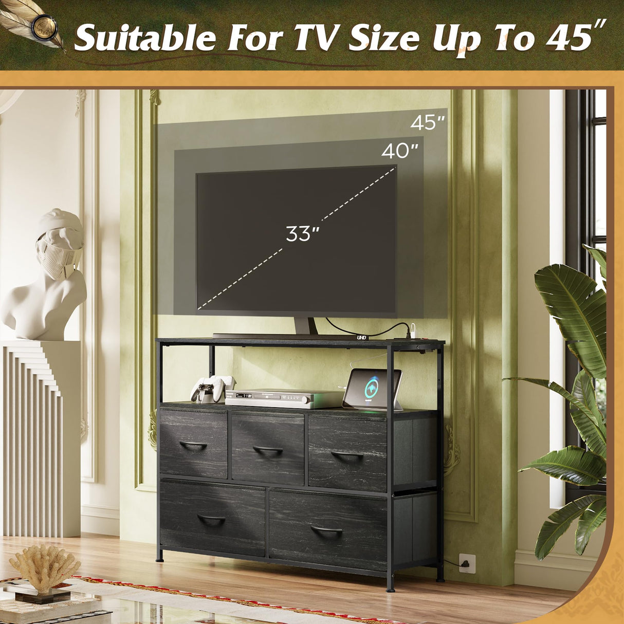 WLIVE Dresser for Bedroom, 5 Drawer Dressers with Charging Station, Fabric Chest of Drawers with Open Shelves, Storage Dresser for Living Room, Closet, Entryway, Charcoal Black Wood Grain Printt WLIVE