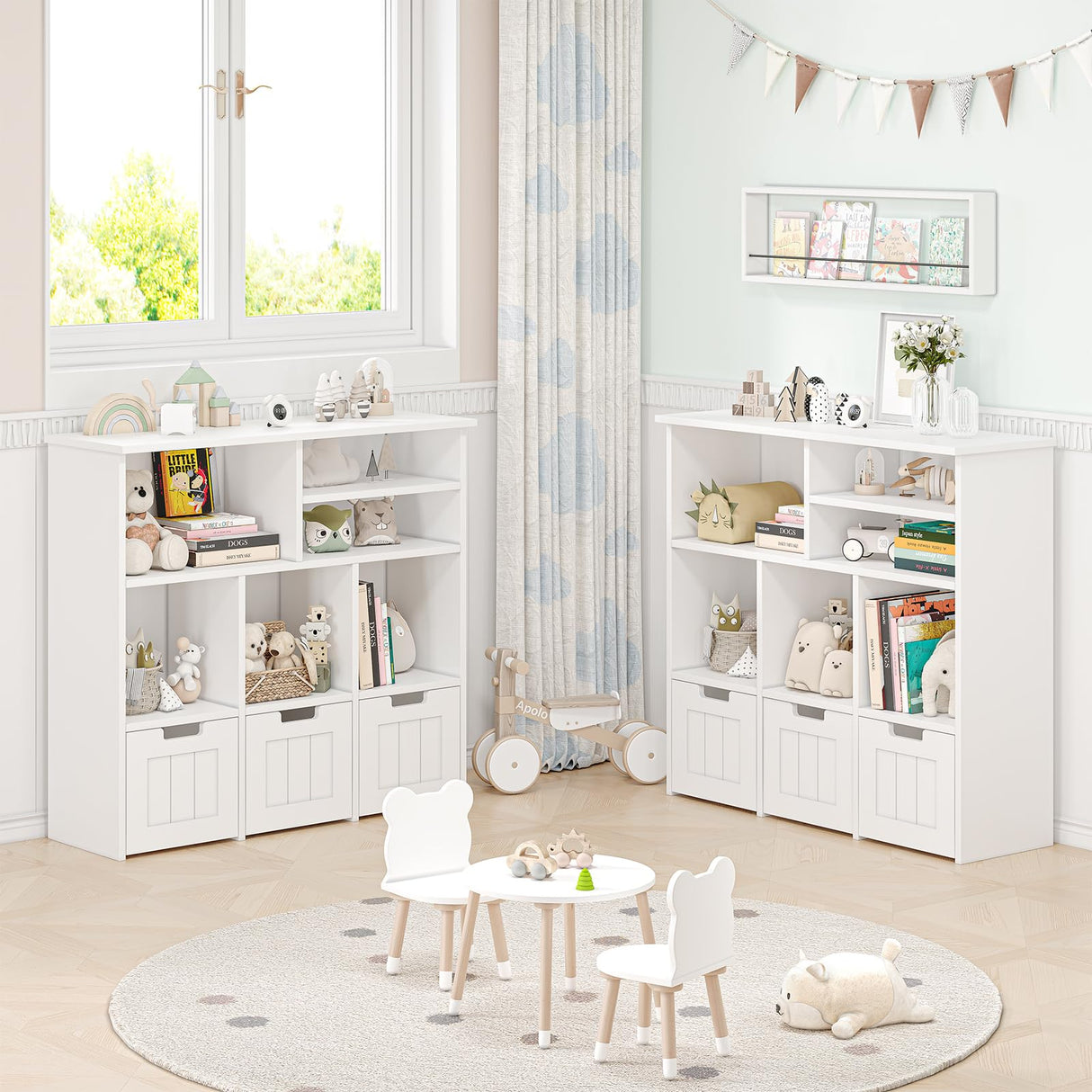 Kids Bookcase Toy Storage Organizer Toy Chest with 3 Movable Drawers & Hidden Wheels Toy Storage Cabinet for Bedroom, Playroom, Nursery, White MilleLoom