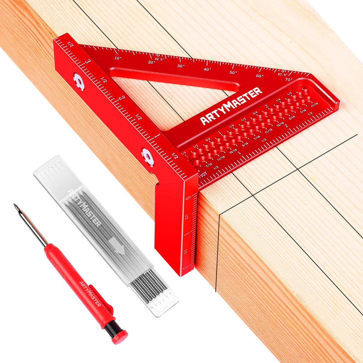 3.8"Mini 3D Multi-Angle Measuring Square Ruler, WT102A High Precision Hole Scribing Woodworking Tools, 0-90° Aluminum Alloy Carpenter Square Wood Working Tools, Carpenter Pencils 6 Refills. ArtyMaster