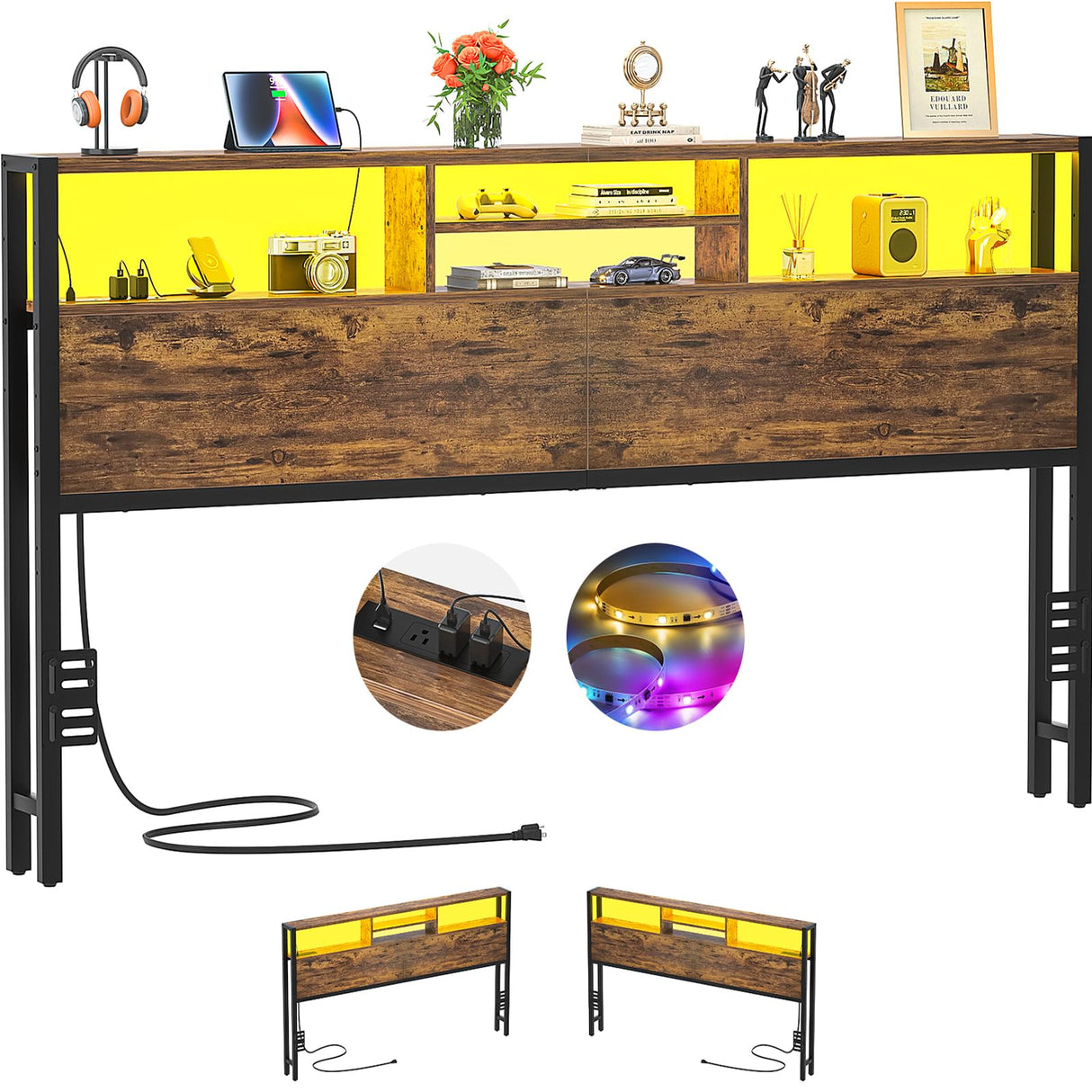 Aheaplus Rustic Brown King Size Headboard with Storage, USB Ports, LED Light and Adjustable Design Aheaplus