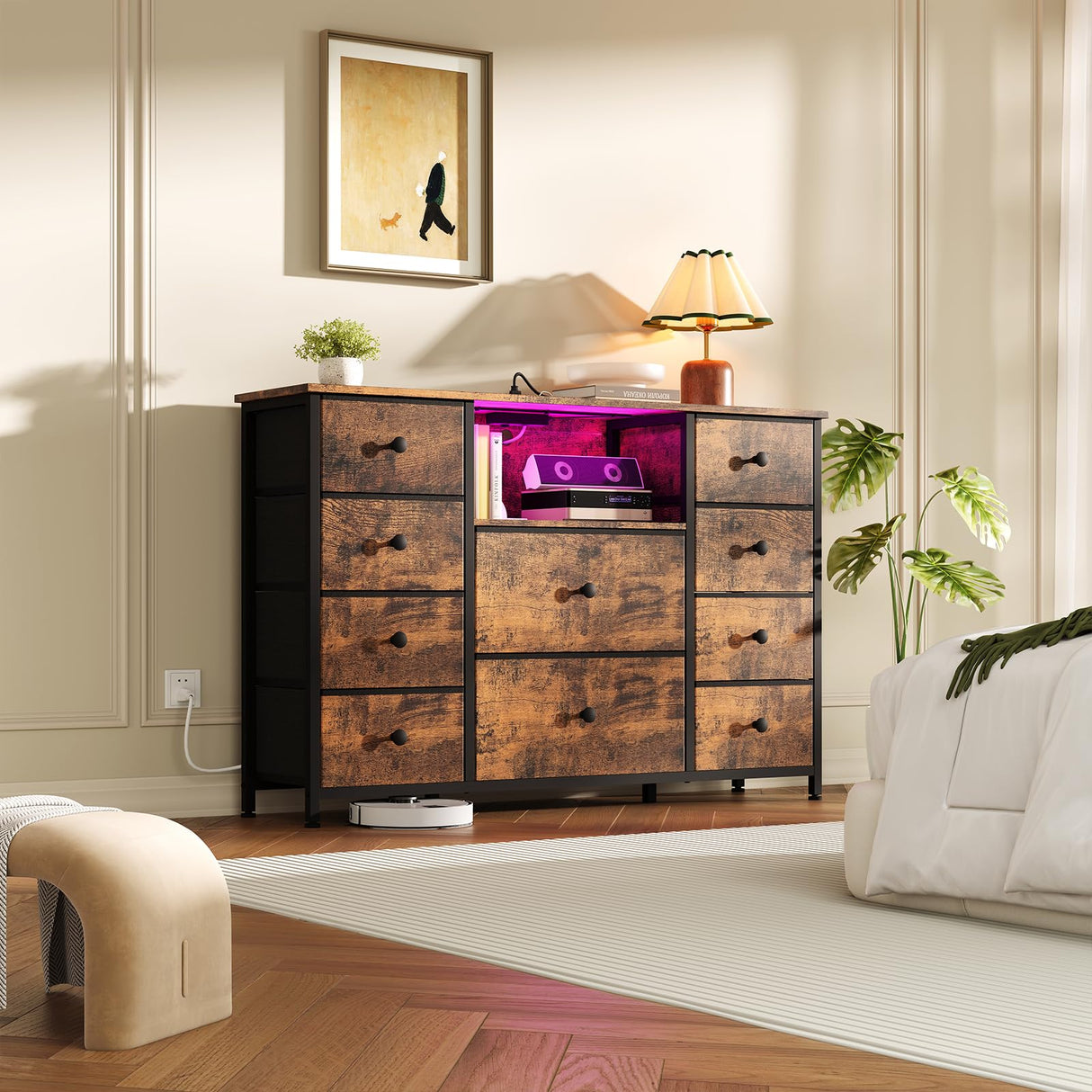 Dresser for Bedroom with 10 Drawers, Storage Organizer TV Stand for 55" TV with LED Lights and Sockets, Fabric Chest of Drawers with PU Finish for Kid Room, Entryway, Living Room, Hallway, Brown LIWEIJIA