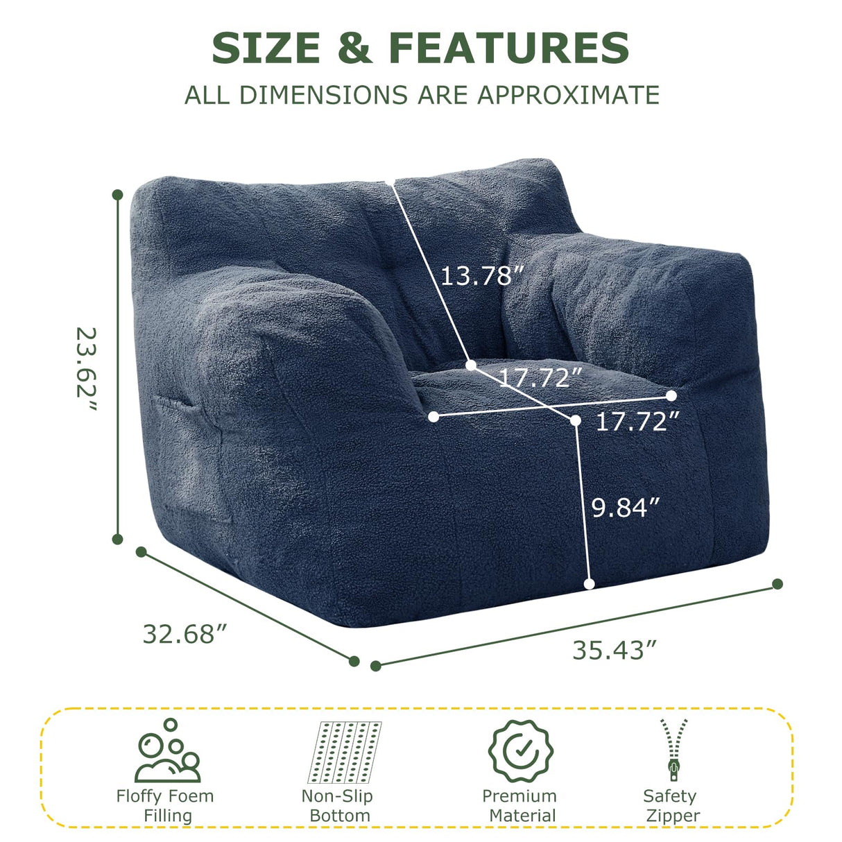 HIGOGOGO Giant Bean Bag Chairs,Big Comfy Chair Sofa for Bedroom Living Room, Large Lazy Bean Bag Chair with Pocket Armrests for Gaming, Reading HIGOGOGO